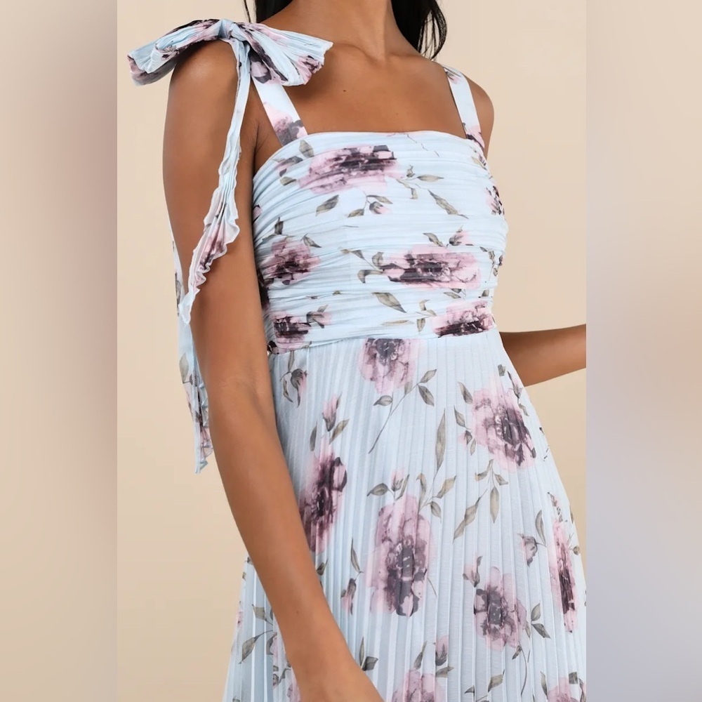 Lulus Gorgeous Purpose Blue Floral Pleated Sleeveless Bow Maxi Dress - Picture 4 of 8